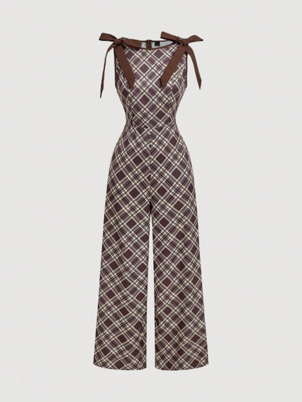 Brown Casual Women's Plaid Bow Decor Sleeveless Jumpsuit - Picture 3 of 6